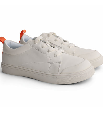 218 - White Leather Orange-Tab Mock Laced Sneakers