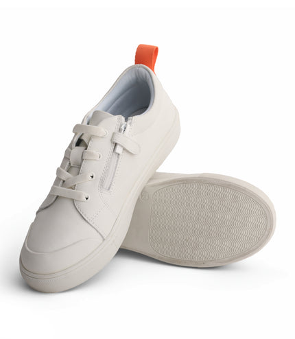 218 - White Leather Orange-Tab Mock Laced Sneakers
