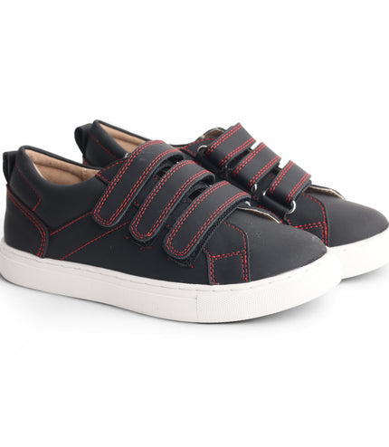 612 - Black Leather Triple-Strap Sneaker