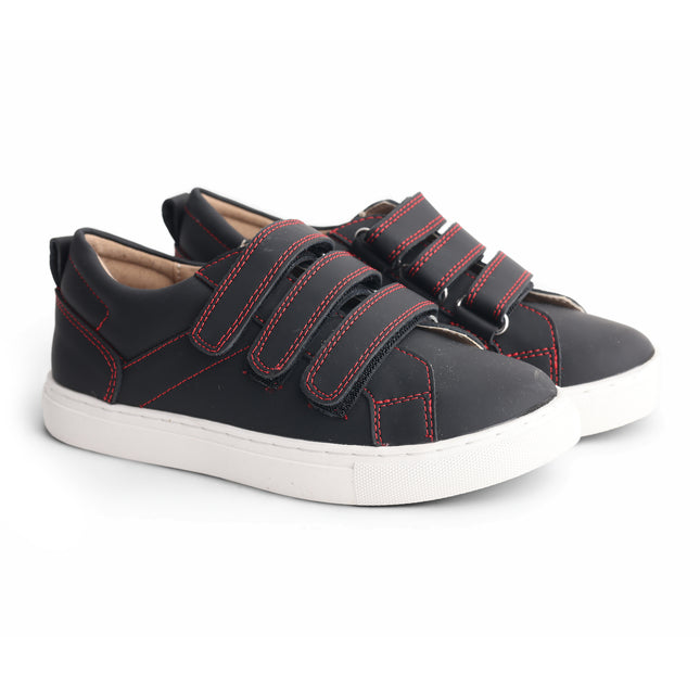 612 - Black Leather Triple-Strap Sneaker