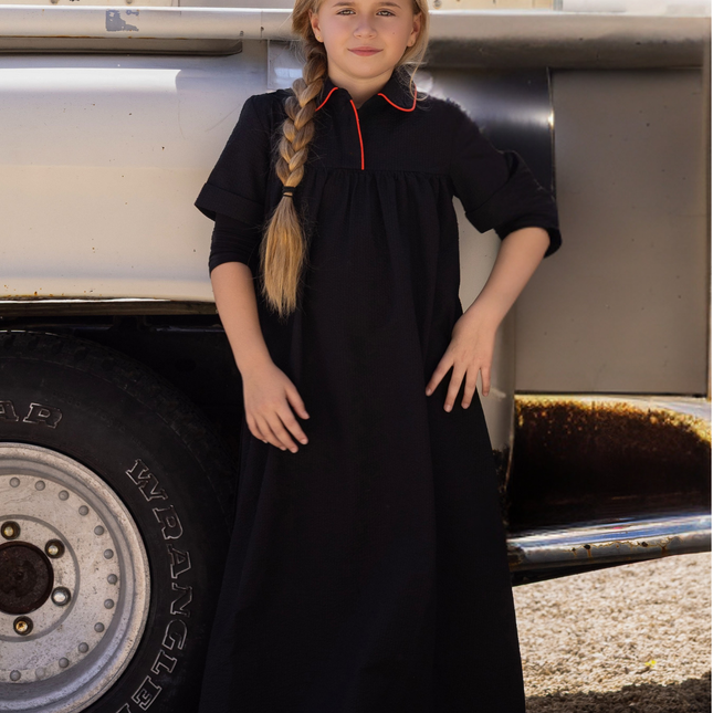 C1 - GIRL SEARSUCKER ORANGE TRIM MAXI DRESS